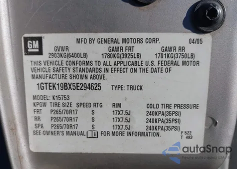 2005 GMC Sierra 1500 Sle z USA, uszkodzony, nr VIN 1GTEK19BX5E294625